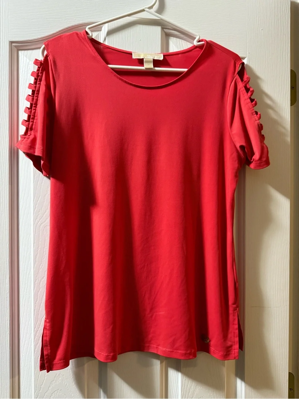 Michael Kors Bright Red Short Sleeve Ladder-Trim Blouse